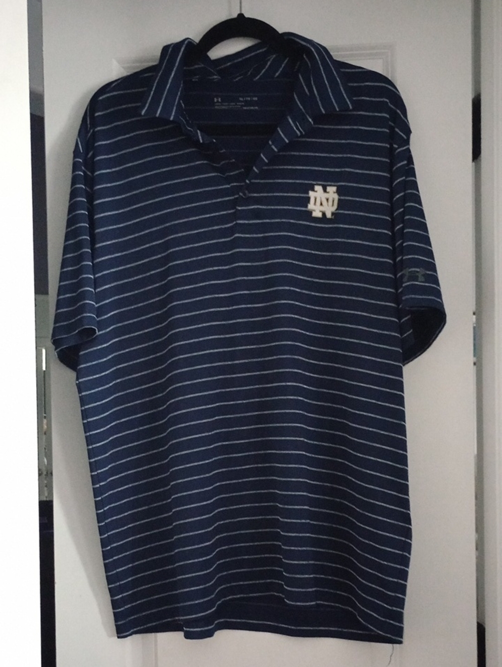 Under Armour Notre Dame Navy and White Striped Polo Shirt Size XL